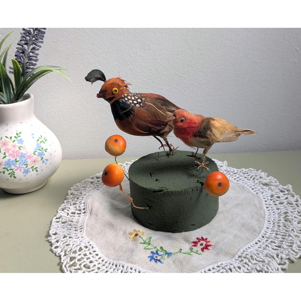 Vintage Feather Birds Pair Quail Spun Cotton Floral Picks Cottagecore Decor